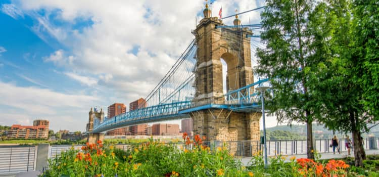 A park near the Cincinnati John A Roebling Suspension Bridge